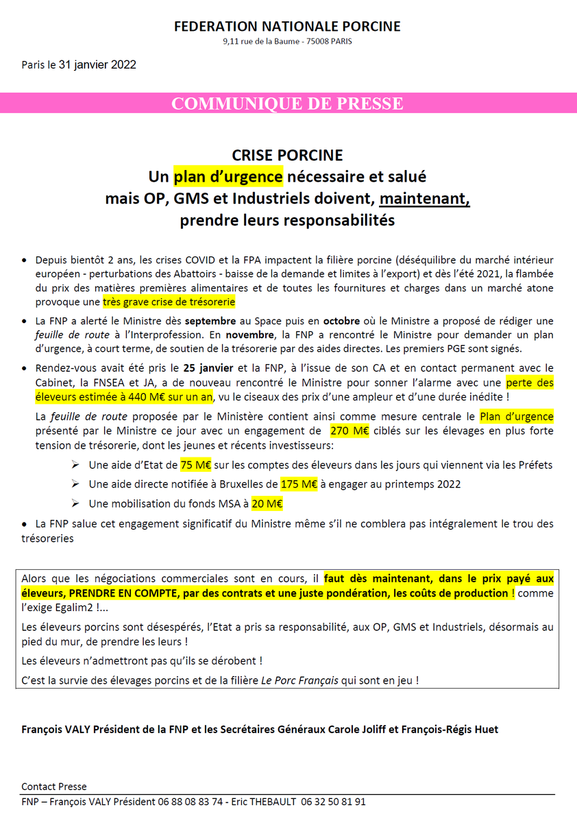 Communiqué de presse FNP sur la crise porcine et le soutien annoncé par le Ministère ce jour