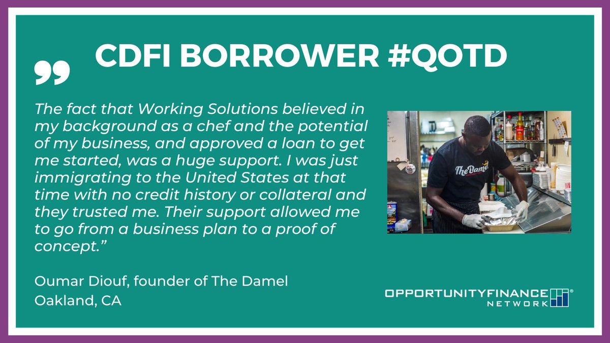 OppFinance's tweet photo. Kicking off #BlackHistoryMonth with a quote of the day from @ws_microloans borrower Oumar Diouf, owner of @DamelThe in Oakland, CA. #QOTD #CDFIstory #FinanceJustice #FinanceChange https://t.co/7TyUig1ayF