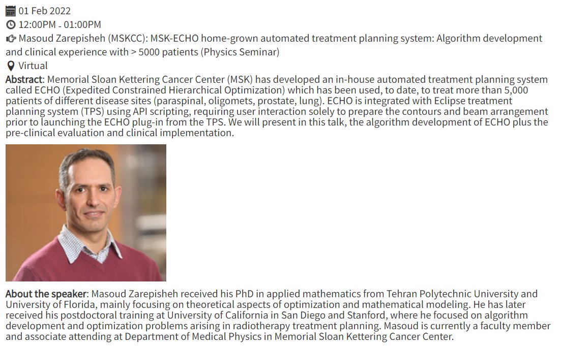 AliAjdari8's tweet photo. Alright, on to the next one!
Our next speaker is Dr. Masoud Zarepisheh (MSKCC). 

He'll share MSKCC clinical experience with "Automatic Treatment Planning".

Join  on Tuesday, 02/01, 12pm EST:

Register at https://t.co/R5oKHKQnBq 
#radbio #medphys 
@MGHCancerCenter https://t.co/IXNPcmXzOg
