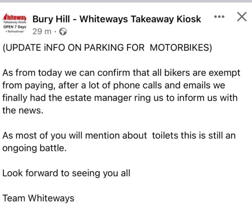 PatchamBiker's tweet photo. Great news for motorcycle riders who go to Bury Hill #Whiteways Takeaway Kiosk. The new parking arrangements do not apply!
Confirmed today by #Whiteways Takeaway Kiosk today. πποΈ https://t.co/79nxrftHtu