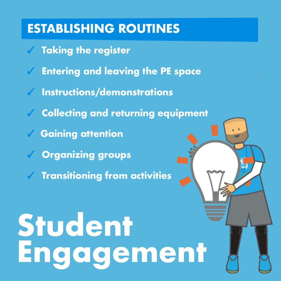 the_PE_project's tweet photo. Knowing how to maximize student engagement in #PhysEd is extremely simple yet powerful. These include: 
1) Establishing routines; 
2) Giving instructions; 
3) Planning for progression. #studentengagement https://t.co/91QSATNaOh https://t.co/MXQp2bYwaQ
