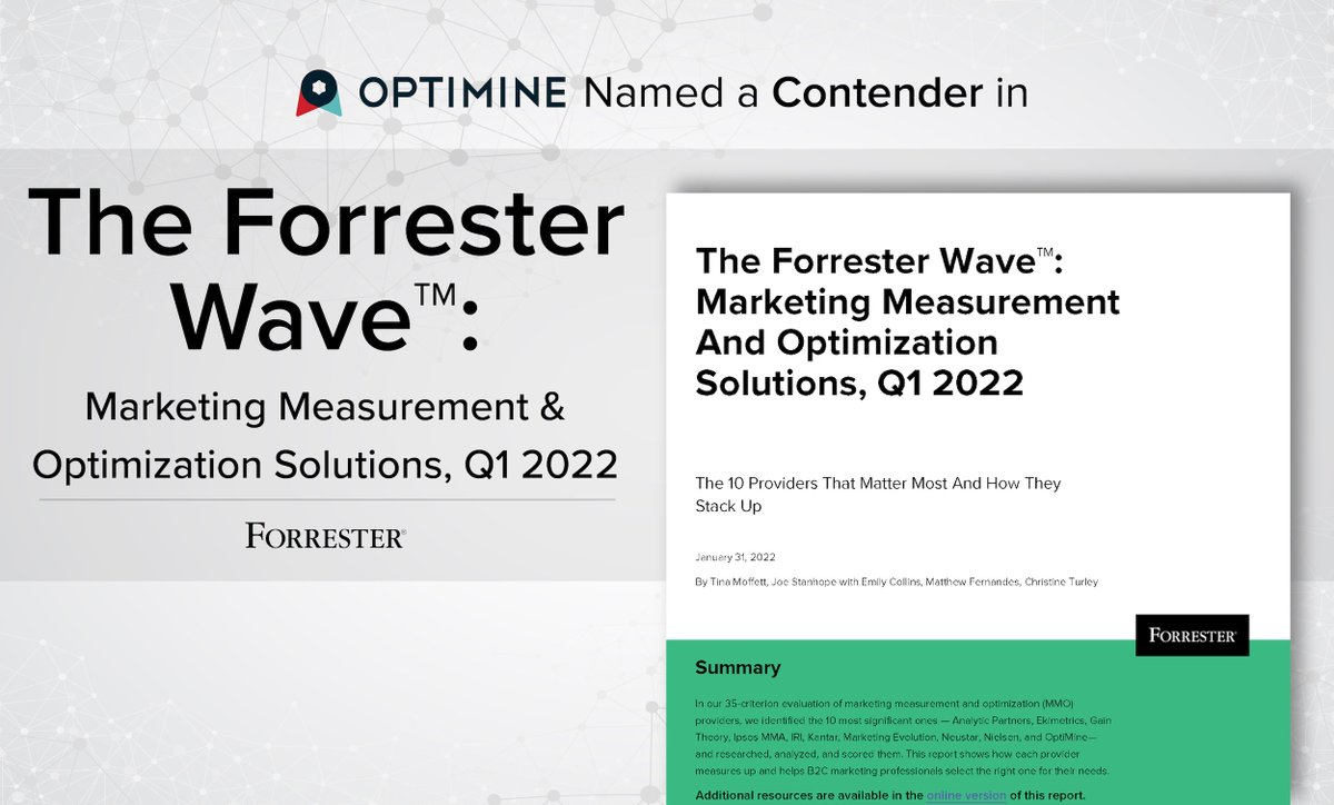 OptiMineInc's tweet photo. Big announcement: OptiMine has been named a Contender in The @forrester Wave: Marketing Measurement &amp; Optimization Solutions for Q1, 2022. 🎉 Read the full report here: https://t.co/oaG9YlcxF5 #TheForresterWave #Contender #MarketingMeasurement #OptimizationSolutions https://t.co/qqqem4e9dr