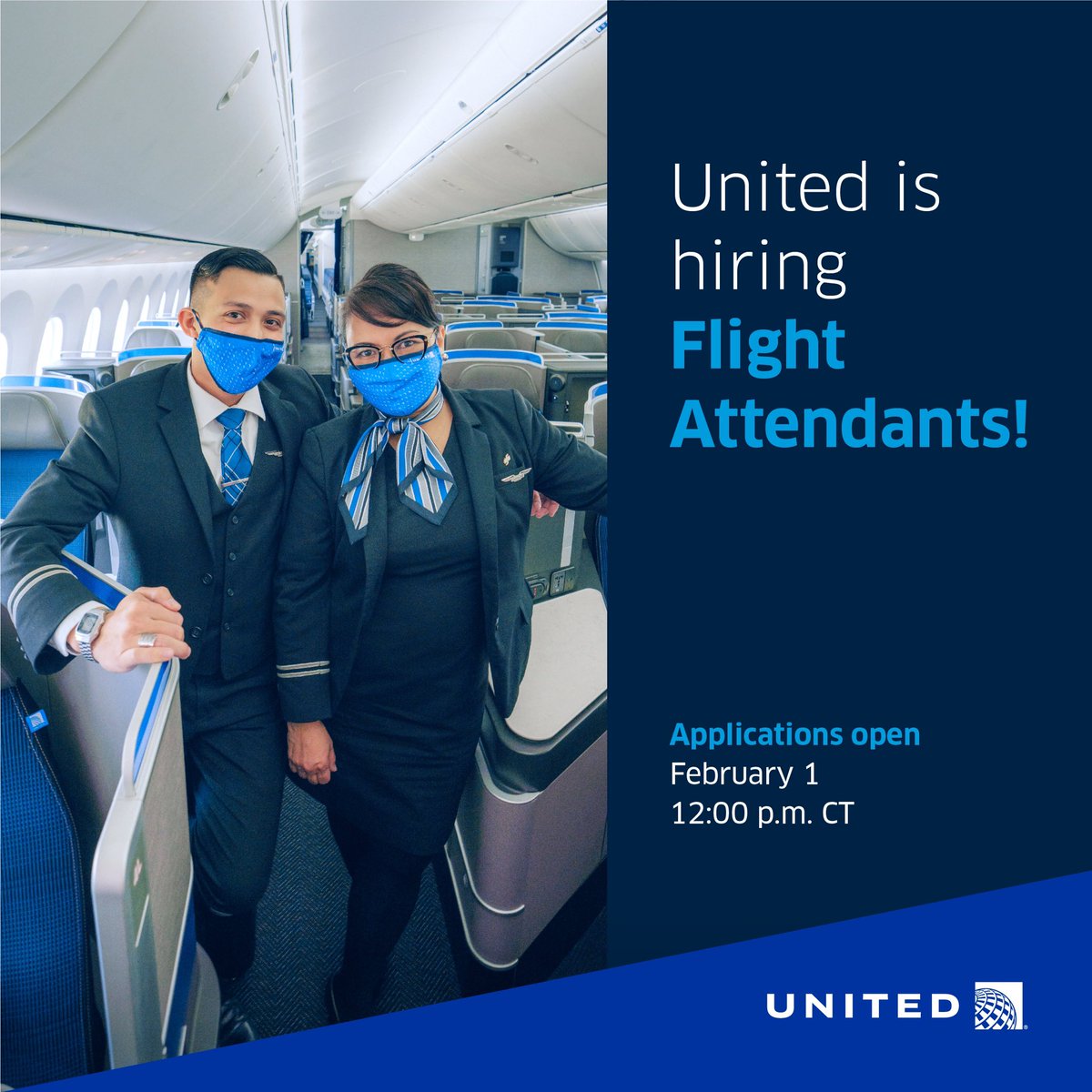 We are hiring! Come join the world’s global Premier Airline! The Flight Attendant position is posting tomorrow, 2/1 at 12pm CT! Apply at united.jobs @mtmorais28 @MoQuinnUA @RRR_United @michielle_ua @michellehodges