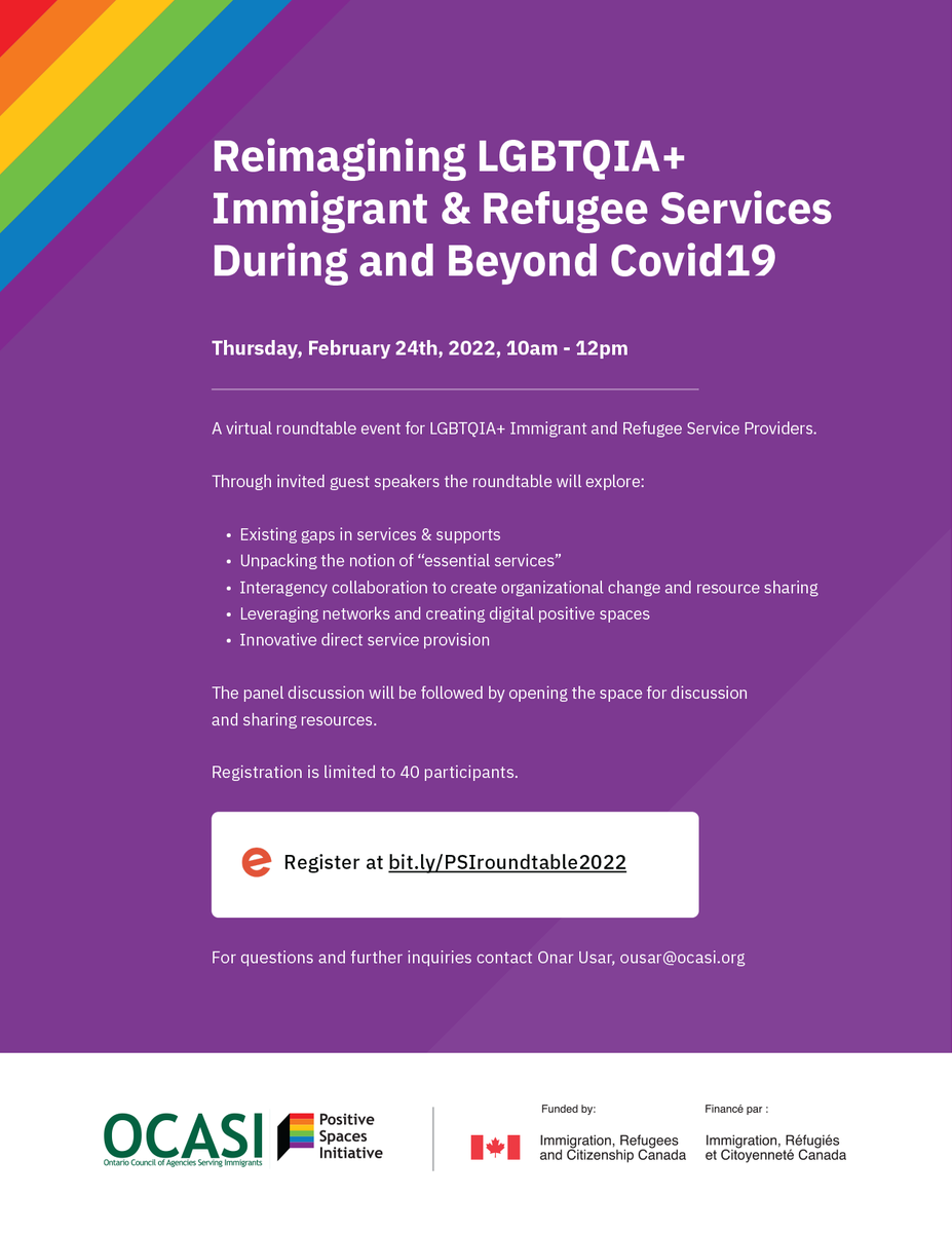 ocasi_psi's tweet photo. Excited to announce our upcoming virtual roundtable "Reimagining LGBTQIA+ Immigrant &amp; Refugee Services During and Beyond Covid19"
Thursday, February 24th, 10am - 12pm
Register at: https://t.co/XoTclpX8Dm
For more questions or inquiries, contact ousar@ocasi.org
@OCASI_Policy https://t.co/omtTPnQNBk