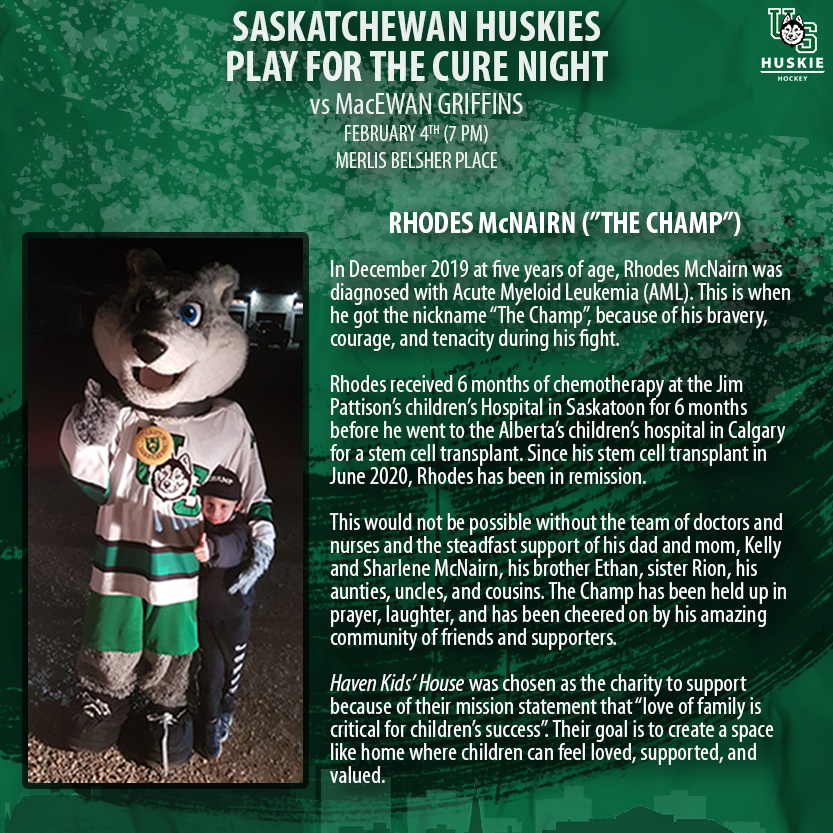 HuskieWHKY's tweet photo. Join us this Friday at 7 PM for our Play For The Cure night. We’ll be playing for Haven Kids’ House in honour of cancer survivor Rhodes McNairn.

Stay tuned for some of our auction items this week (with all proceeds going towards the Haven Kids’ House charity)

#HuskiePride https://t.co/tjNqACQCJf