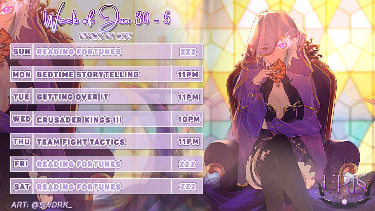 ErisVoidsong's tweet photo. 🔮WEEKLY SCHEDULE🔮
🌌 || 1/30- 2/5 || 🌌
💜Live: #VoidOn
💜Meme: #MemEris
💜Art: #ArtOfTheVoid
💜NSFW: #VoidLewd https://t.co/wGn8Uq1oth