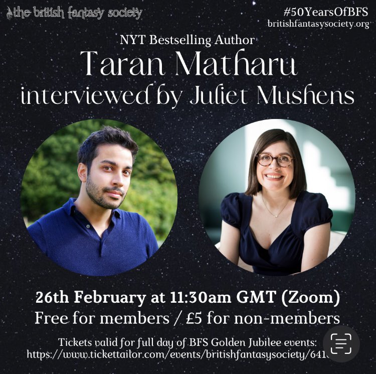 mushenska's tweet photo. I’m excited to be interviewing @TaranMatharu1 online on Saturday 26th Feb at 11:30am GMT as part of the @BritFantasySoc’s 50th anniversary celebrations! It’s free for BFS members or £5 for non-members for a whole DAY of online events: https://t.co/1A2agZJQRe https://t.co/gs10TLU7RD