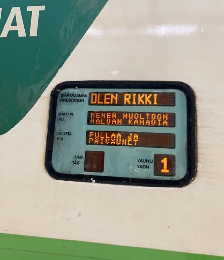 FinnishMemes's tweet photo. Destination: I am broken
 
Via (station): I am going to maintenance, I want coffee

Via (station): a sweet bun and a nap https://t.co/k0u5W5N4TR