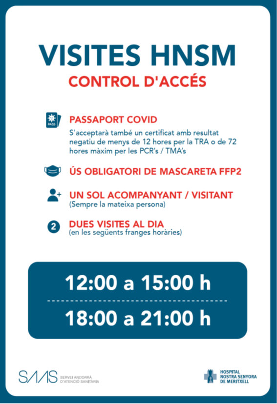 saasandorra's tweet photo. 🔴 A partir de demà 1 de febrer les visites als pacients ingressats a l'Hospital Nostra Senyora de Meritxell s'amplien a dos cops al dia
➡️Mascareta FFP2 obligatòria 
➡️Un sol acompanyant per pacient
#mesuresCOVID 
@GovernAndorra https://t.co/xmEQpiXDw5
