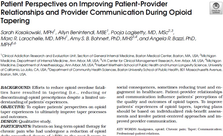 To improve patients’ experiences of opioid tapers, an increasingly common intervention, tapering plans should be based on individualized risk-benefit assessments & involve patient-centered approaches & improved provider communication @angiebazzi link.springer.com/article/10.100…