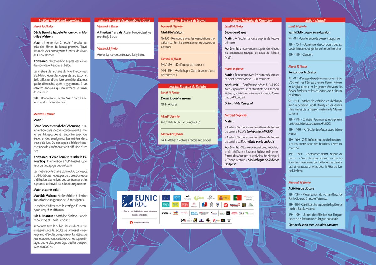 #ProgrammationFDLK
Ci-dessus veuillez retrouver toute la programmation de la Fête du livre de Kinshasa qui se tiendrau 4 au 12 février dans toute la ville de Kinshasa.
Vous pouvez également le consulter en ligne à travers cette plateforme:
fdlk.institutfrancais-kinshasa.org
 #FETEDULIVRE