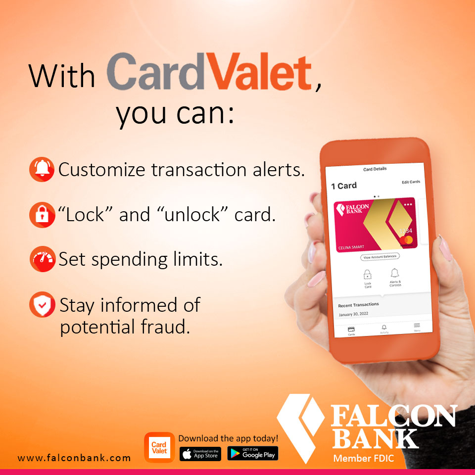 falconintlbank's tweet photo. Keep your Falcon Bank debit card secure with CardValet.
CardValet lets you decide when, where, and how your card is used — directly from your smartphone.
Download the app today!
#FalconBank #WeKnowWhatCounts #CommunityBank #CardValet https://t.co/xcdrU5Lax9