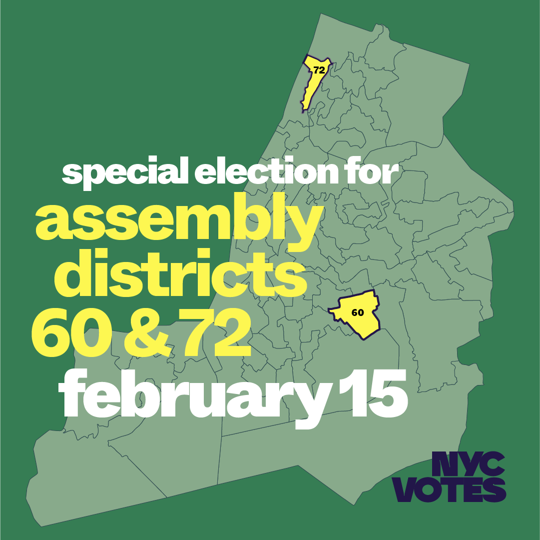Calling all voters in Assembly Districts 60 and 72 (see map): you have a special election coming up on Feb 15! Early voting begins on Feb 5.
 
Candidate &amp; election info⤵️
 
60: voting.nyc/special-electi…
72: voting.nyc/special-electi…