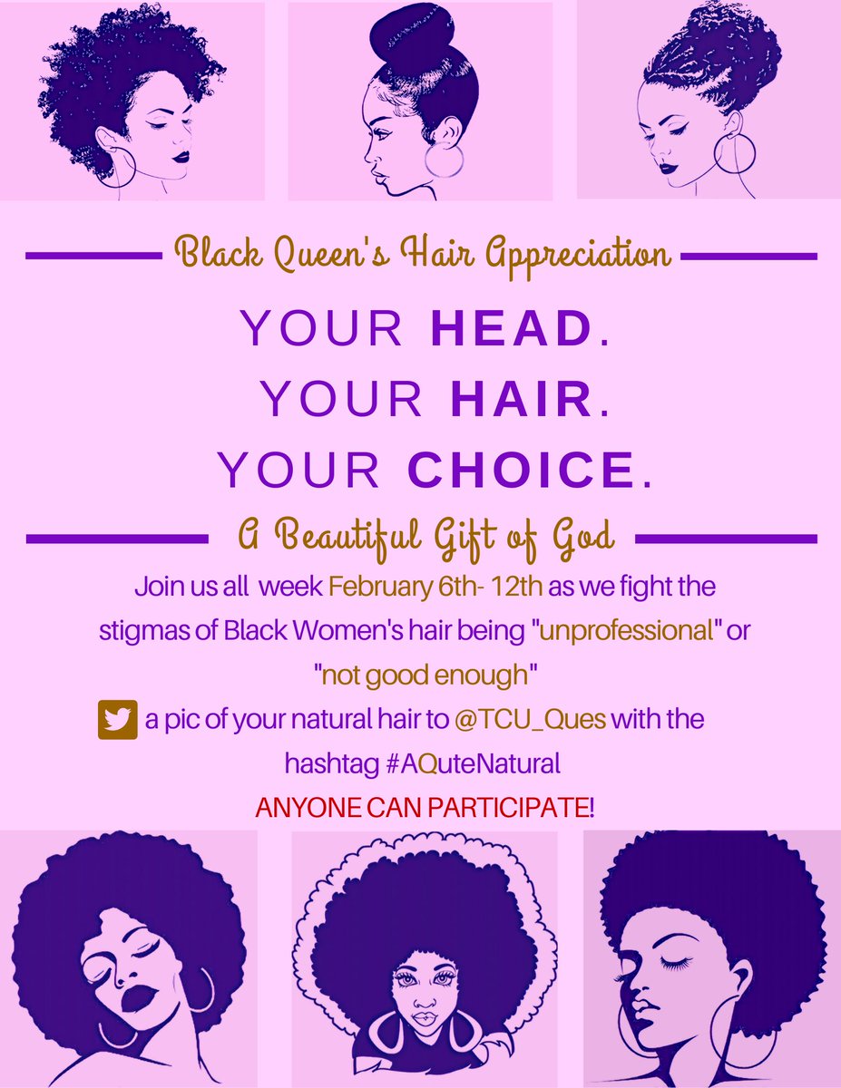It’s that time of year again! 

You know the Bruhz appreciate our Melaninated Queens in February ☺️!

Join the TCU Ques next week while we celebrate our Black Queens’ crowns! 

Post a picture with the hashtag #AQuteNatural and tag <a href="/TCU_Ques/">TCU QUES</a> 

ANYONE CAN PARTICIPATE 👸🏽