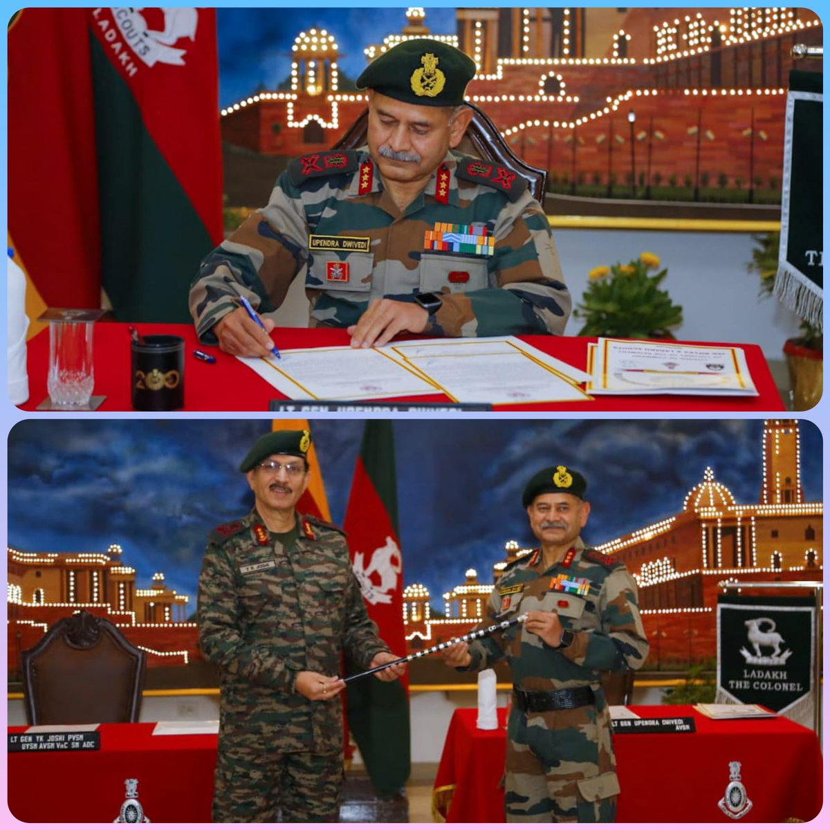 Delhi l Newly-appointed Northern Army commander #LtGenUpendra Dwivedi took over as the Colonel of the Jammu & Kashmir Rifles & Ladakh Scouts Regiments from #LtGenYKJoshi who superannuated today .

#IndianArmyPeoplesArmy
#StrongandCapable
@SpokespersonMoD 
@proshillong