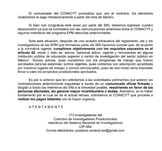 POSDOCsinSNI's tweet photo. El Colectivo de Investigadores Posdoctorales miembros del SNI, hicimos entrega de una carta abierta a las autoridades del CONACYT/SNI solicitando se de respuesta a la suspensión de pago del estímulo SNI. @Conacyt_MX @ElenaBuylla #posdocsinSni https://t.co/57GlQ8Plls