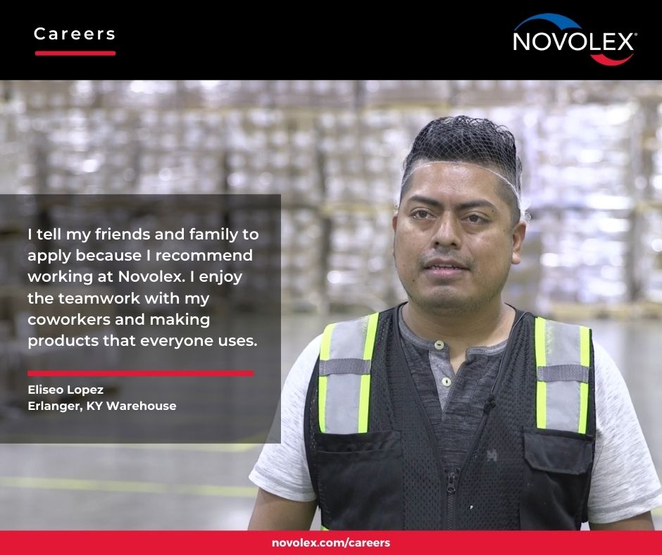 Novolex's tweet photo. On #NovolexManufacturingMonday, learn why Eliseo recommends working at Novolex.  #JoinOurTeam #Manufacturing #WeMakeThat

Start your career today: https://t.co/uaiIqHOMBR https://t.co/BfZIfBQBJR