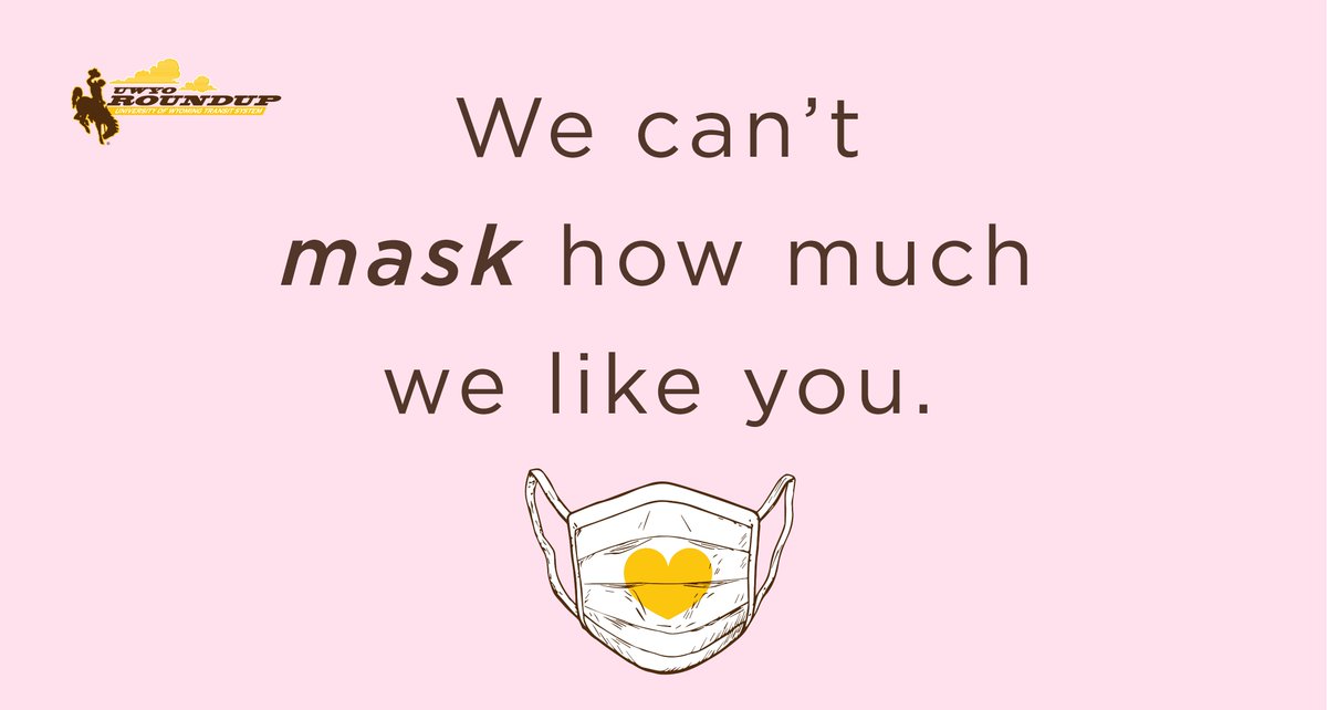 SafeRideUWYO's tweet photo. UWYO Roundup can't MASK how much we care about you. 🥰 So please make sure you have your face mask on when riding the UW buses and vans.

Thank you for keeping your community safe and Happy Valentine's Day! https://t.co/HVeSrDtie8