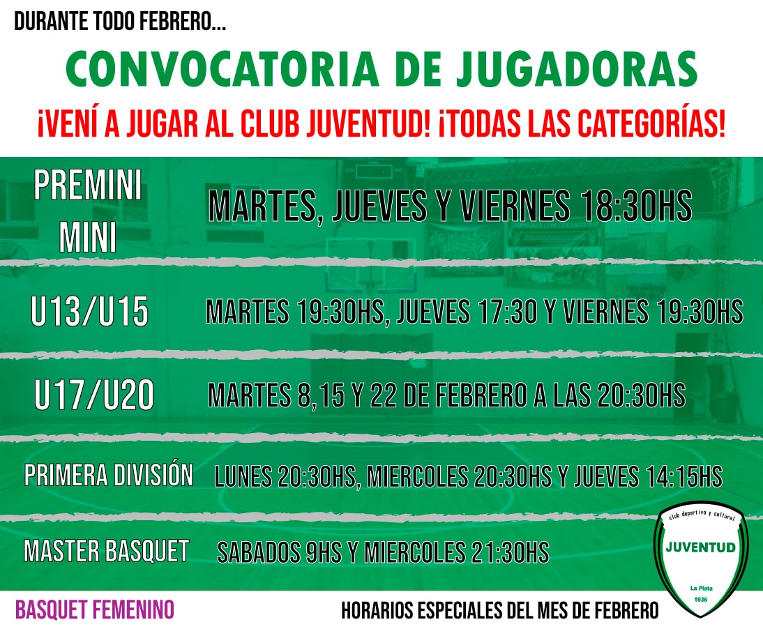 ¡CONVOCATORIA DE JUGADORAS!
A partir del lunes 7 de febrero estará abierta la convocatoria de jugadoras de todas las categorías del básquet femenino! Vení a jugar! Hacete verde!