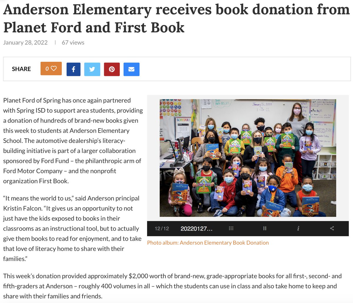 Reedhasit's tweet photo. The Reed family, World Class Automotive Group &amp; #PlanetFord are proud to support our communities. Last week, #PlanetFord joined forces with #FirstBook to donate books to Anderson Elementary in Spring. Read all about it https://t.co/66uFMKnlhr. #WorldClassAutomotiveGroupCares https://t.co/W9QIdH3M70