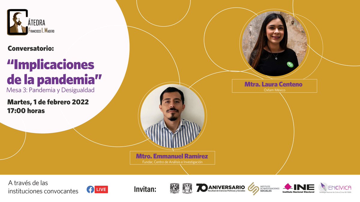 08Jde's tweet photo. Se les invita al Conversatorio “Implicaciones de la Pandemia” en su Mesa 3 de análisis " Pandemia y Desigualdad", el 01 de febrero a las 17:00 horas por medio de las siguientes plataformas:
•   https://t.co/gnDSxXehBA
•   Facebook // @INE México   
•   #INETV https://t.co/2hPvbNfgF3