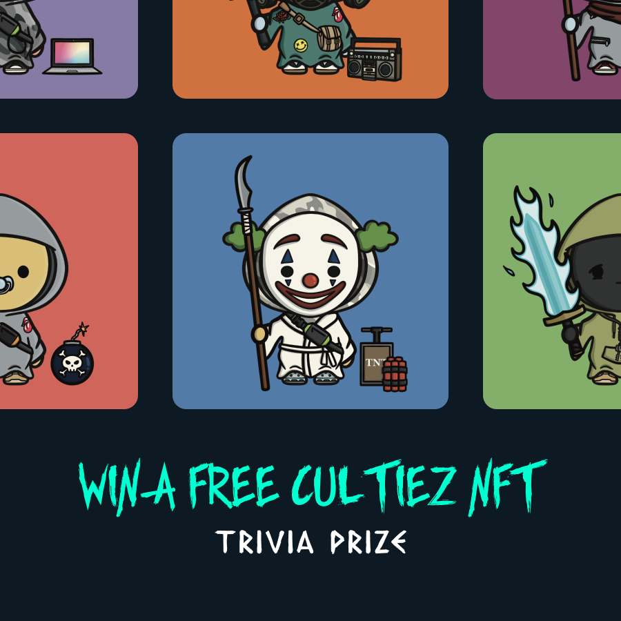CultiezNFT's tweet photo. WIN A FREE CULTIEZ NFT

Join our Trivia Night today!
5pm pst (1 hour and 48 minuets from the time of this post, 3:12pm pst)

Winner will be given a FREE #cultiez #nft!

https://t.co/2GPuqFS6d7 for more information!

#generativeart https://t.co/Ap9E9A2Ktn