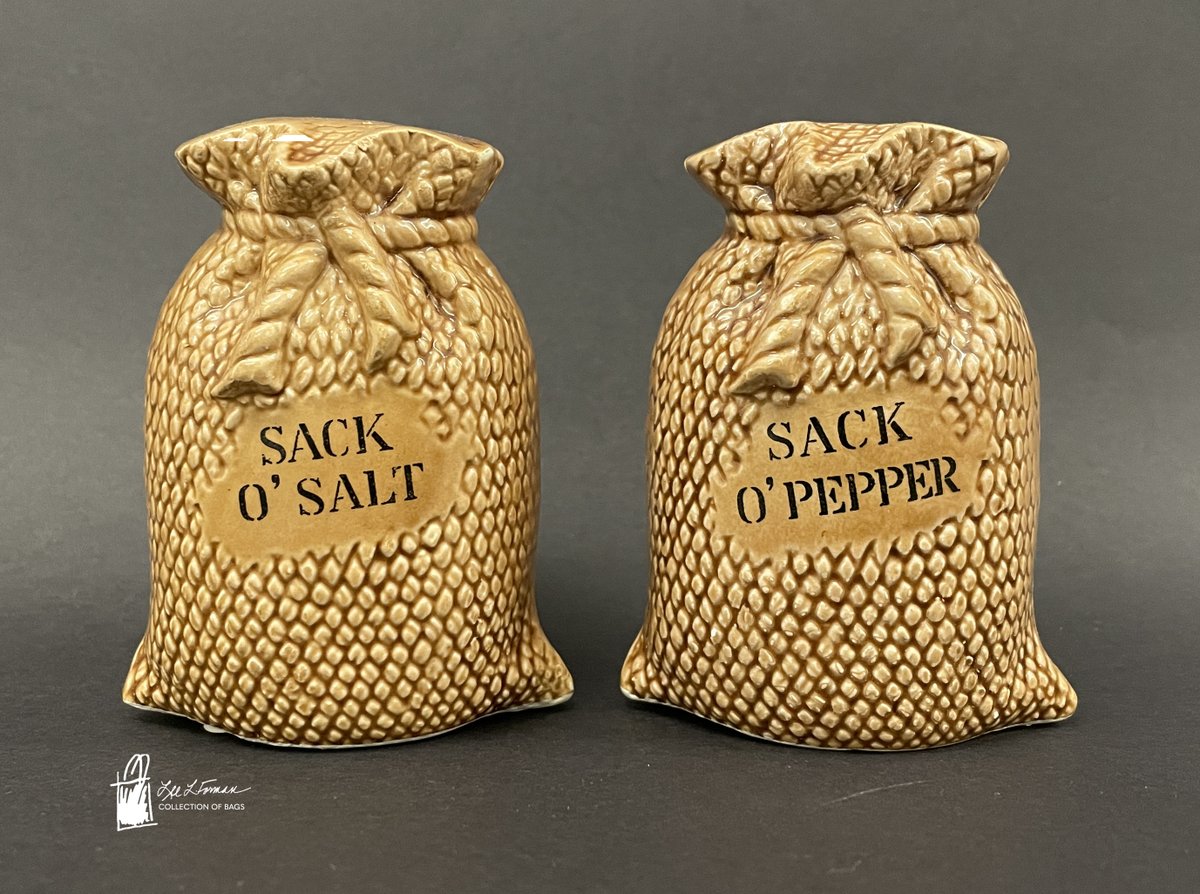 34/365: Among the bag-related ephemera in the Lee L. Forman Collection of Bags is this adorable pair of ceramic salt and pepper shakers styled in the shape of burlap sacks tied with ropes.