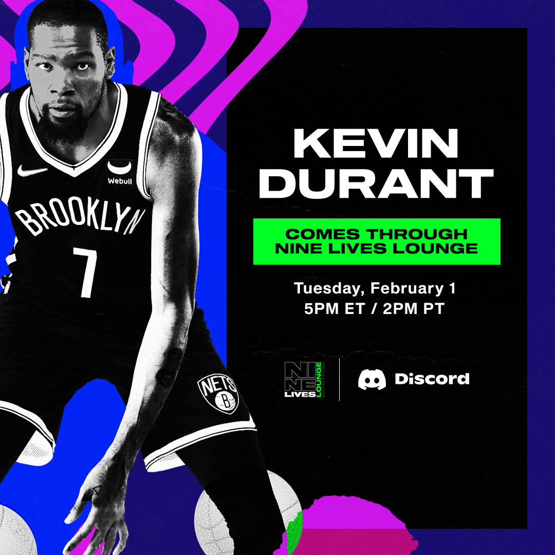 NBATopShot's tweet photo. KD x Nine Lives Lounge 🔥

At 5pm ET / 2pm PT tomorrow ... @KDTrey5's popping into the #NLL on Discord.

Got any questions for the @NBA star? QT w/ #NBATopShotThis and we'll ask KD a few of your Qs 👀

Top Shot Discord ➡️ https://t.co/t4WzZ9CejH https://t.co/9lzsLsW0MT