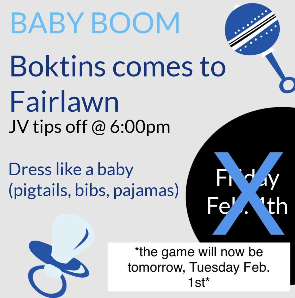 FHSSCHOOLSPIRIT's tweet photo. Change of plans! The Botkins game will no longer be this Friday, instead the game will be held tomorrow at Fairlawn. The Fairlawn FFA will also be holding a donation drive. They ask that you bring diapers, wipes, and gently used/new coats and gloves. JV will tip off at 6:00. https://t.co/VPp3UjE9CF