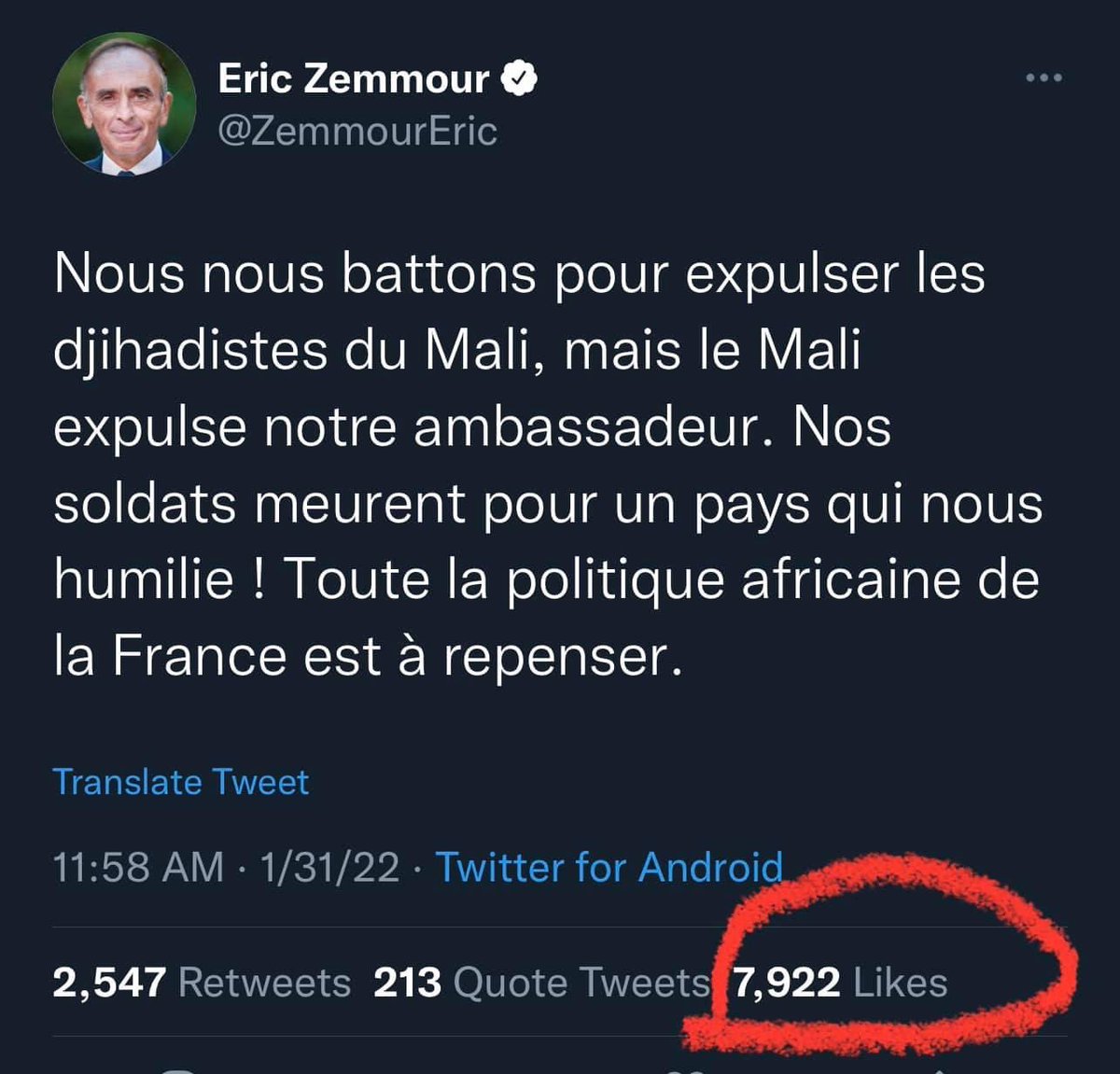 … À croire que votre entêtement au #Mali cache bien quelque chose d’inavouable ! Déployer autant d’énergie montre bien que vous y avez d’autres intérêts ! Je suis d’avis avec vous monsieur @ZemmourEric, la politique africaine de la France doit vraiment changer…(2/3) #Me_ABL