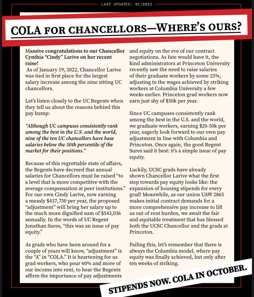 Chancellor Larive's recent $100k+ raise is 4.2 times what a UCSC grad worker makes in a whole year