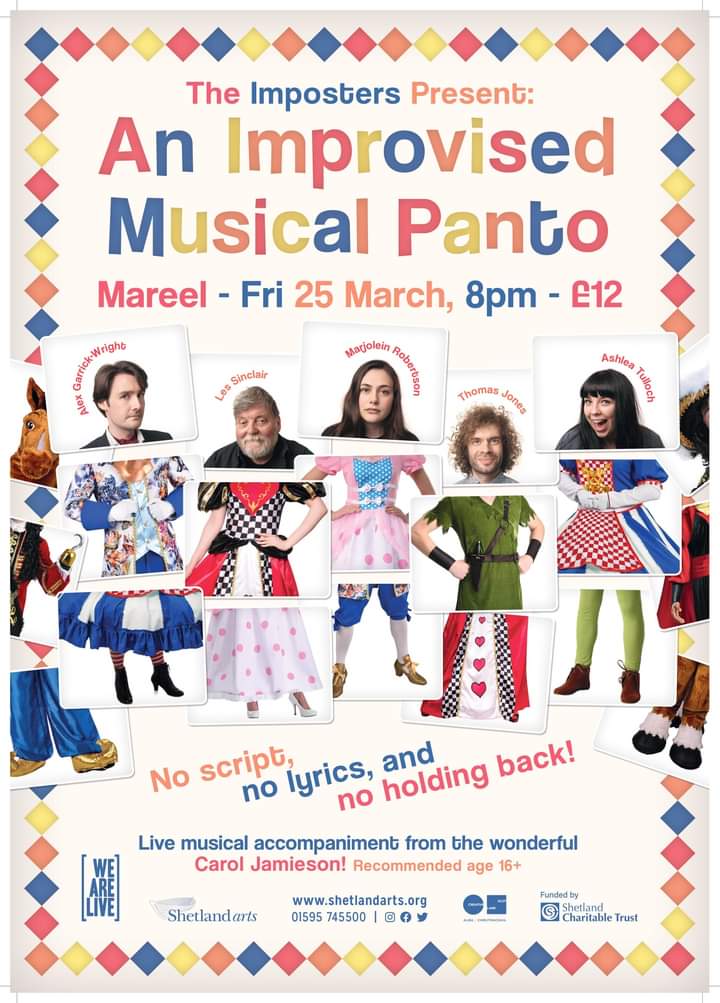 ShetlandComedy's tweet photo. Were you as disappointed as us when The Imposters' Improvised Musical Panto was cancelled last month? It's been rescheduled for Fri 25 March! 🎉 Tickets on sale now. https://t.co/FbePKJ9sfJ
