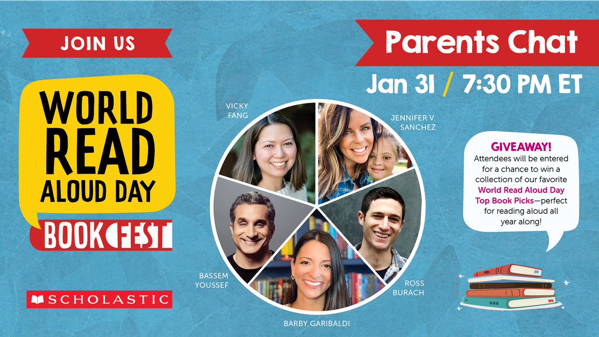 Scholastic's tweet photo. PARENTS: Join our super WRAD #WordReadAloudDay Book Fest Parents Chat with Vicky Fang (@fangmous), Jennifer Varanini Sanchez, Bassem Youssef (@byoussef), and Ross Burach (@rburach), with teacher Barby Garibaldi (@GaribaldiKinder). Tonight at 7:30 pm ET! https://t.co/uMSFCO2dgH https://t.co/DC3OfGNbom