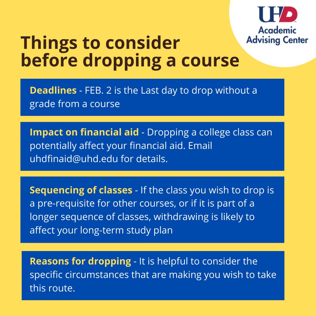 UHDAdvising's tweet photo. 🐊's! If you decide to drop, it should be an informed decision. Professors and staff are here to assist during your academic career. Be sure to ask about deadlines, potential implications, &amp; other resources available! 

❓'s about dropping a class? Consult your advisor now! https://t.co/0pEBVDAaym