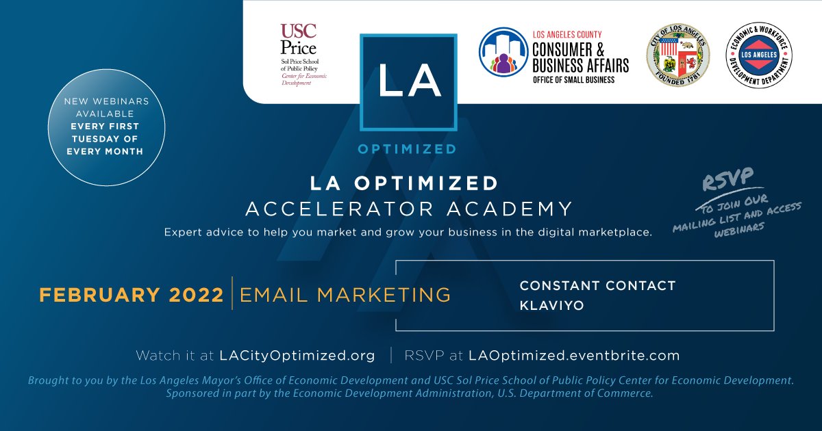 TOMORROW: Join us and our partners for a monthly webinar series to help your small business! 

Learn all about email marketing: lacityoptimized.org/acceleratoraca…