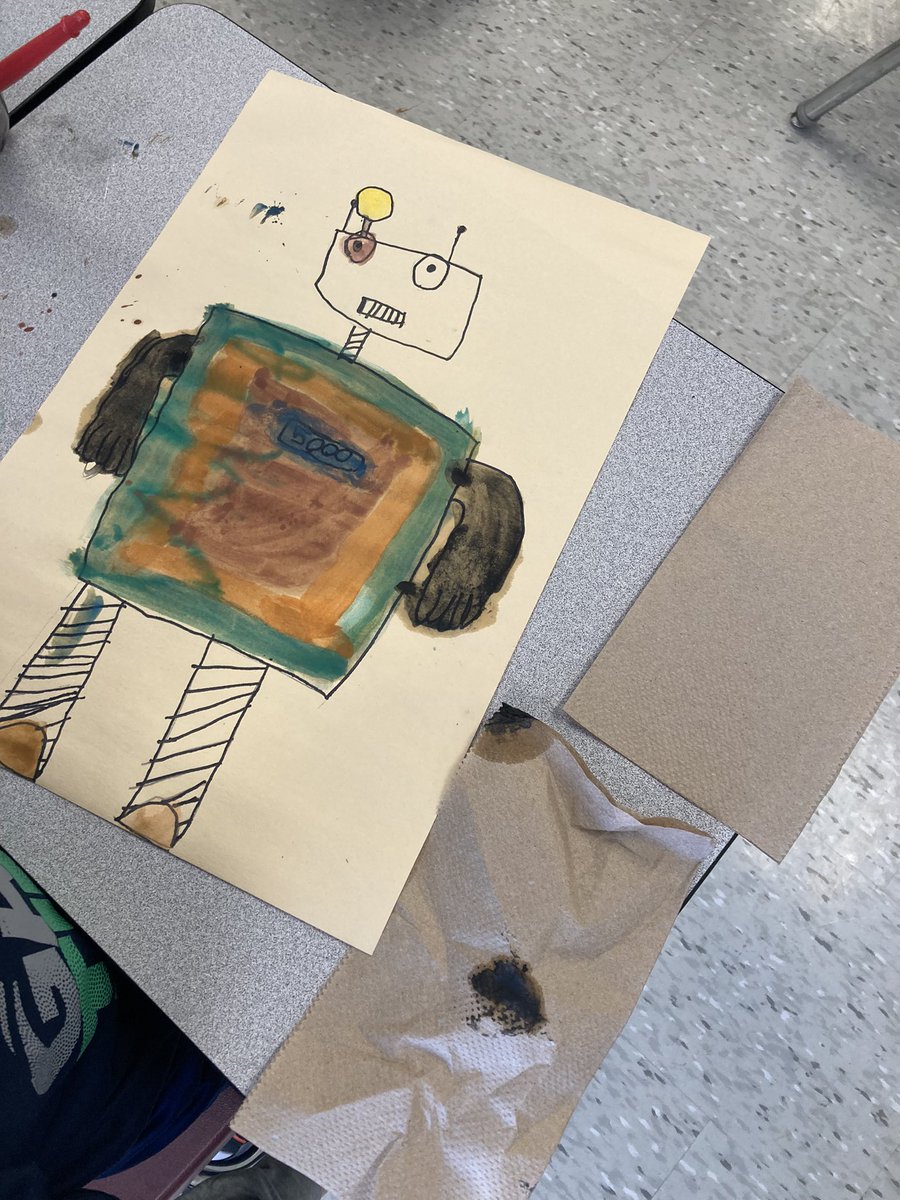 TeachMsMolloy's tweet photo. Happy international inspire your heart with art day. What a lovely thing to celebrate. To mark the day, we drew and painted these robots inspired by our class novel @cedarhollowps #thehollow https://t.co/kpr0aB79Xf