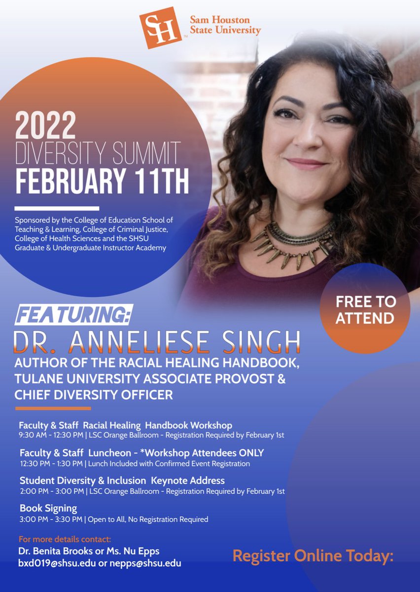 shsucoeab's tweet photo. Hello Everyone!

Join us on February 11th as we learn about racial healing from the incredible Dr.Singh during the 2022 Diversity Summit!

Register Here! 🔽🔽🔽

https://t.co/FyW6gmAXNz https://t.co/n5veE2UuiV