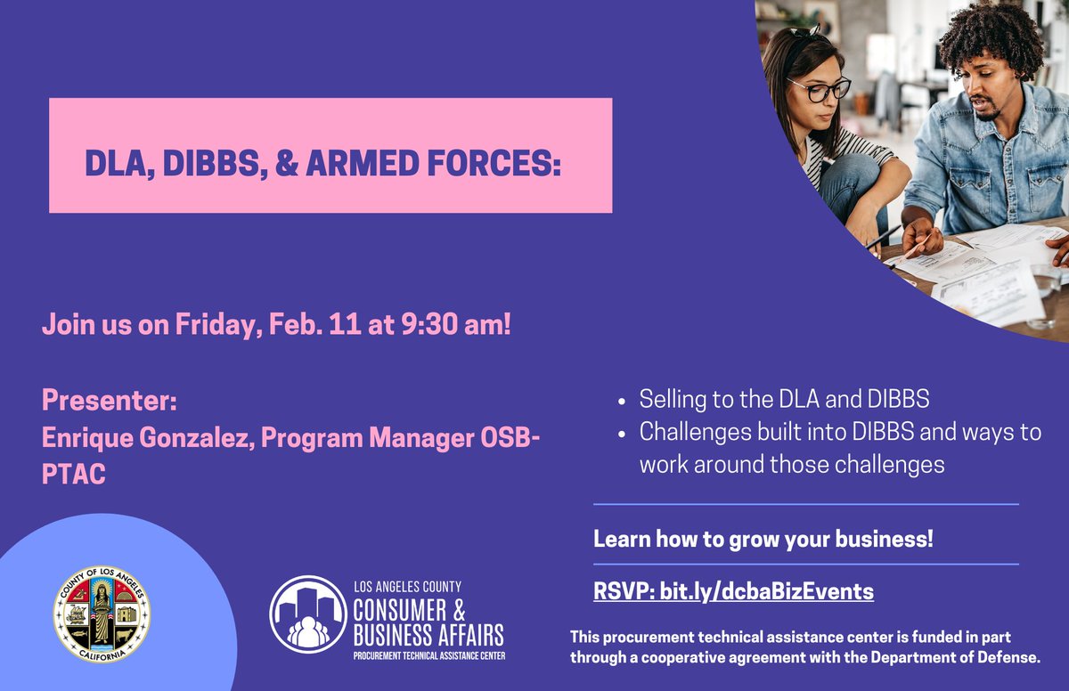 Join our Procurement Technical Assistance Center (PTAC) on February 11 at 9:30 am for a webinar to learn all about federal government contracting. 

Sign into your PTAC account to register for the event.
lacountyptac.ecenterdirect.com/signup