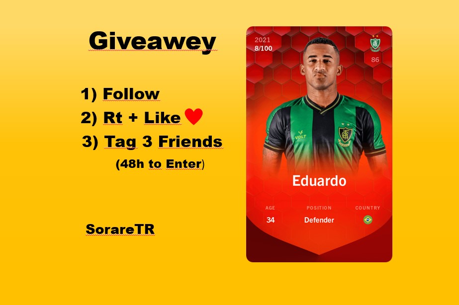 sorare_tr's tweet photo. #NFT #Giveaway 🎉
Sorare de NFT Kart dağıtmaya devam ediyoruz🎁 
Eduardo nun Rare  kartına sahip olmak için yapmanız gerekenler👇
1) Takip et @sorare_tr
2)Rt +Like❤️
3) 3 Arkadaşını Etiketle 
       (süre 48h) https://t.co/evNgacf9MU