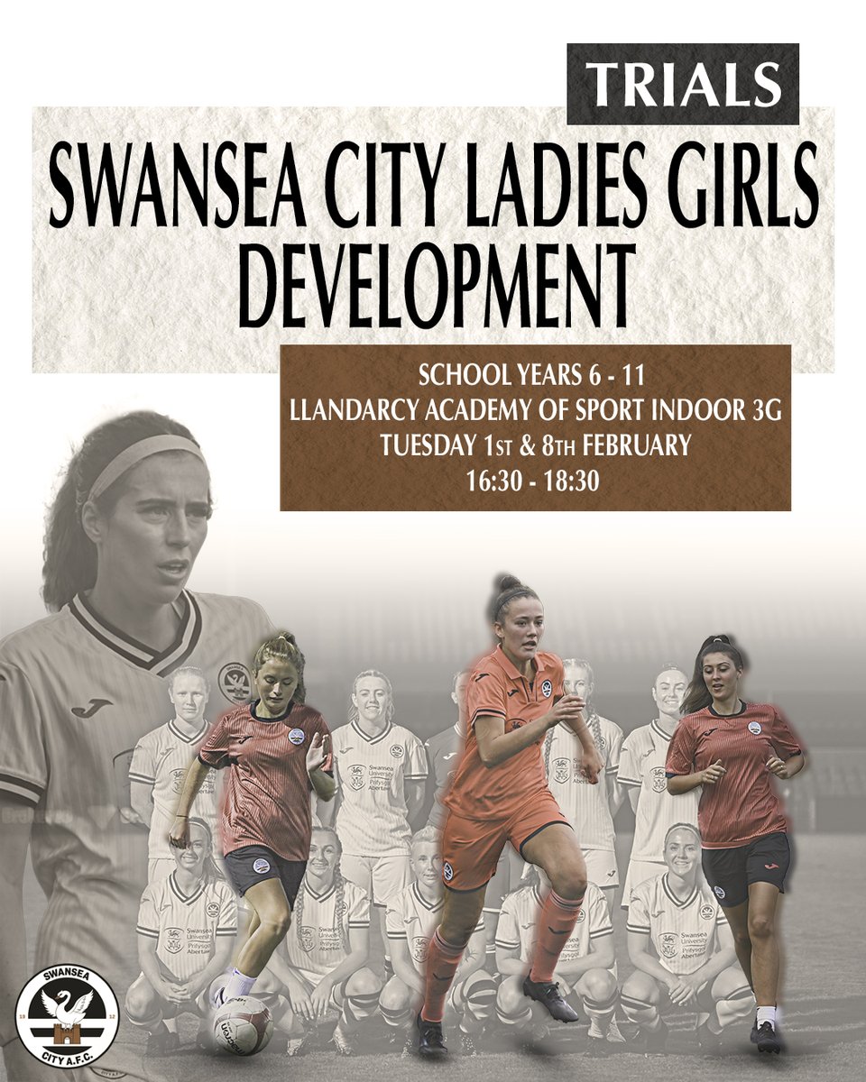 🦢 𝐂𝐀𝐋𝐋𝐈𝐍𝐆 𝐀𝐋𝐋 𝐀𝐒𝐏𝐈𝐑𝐈𝐍𝐆 𝐘𝐎𝐔𝐍𝐆 𝐒𝐖𝐀𝐍𝐒 🦢

Swansea City Ladies are holding further girls development trials tomorrow 1st February and on the 8th February.  

Please see below for more details ⬇️

All registrations details to be taken upon arrival.