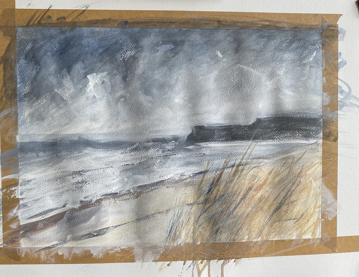 #WiP trying out the #caseinpaint in a more #watercolour technique. I have run out of heavy paper, so it has buckled. Maybe it will flatten out as it dries. #Marske #northeastcoast