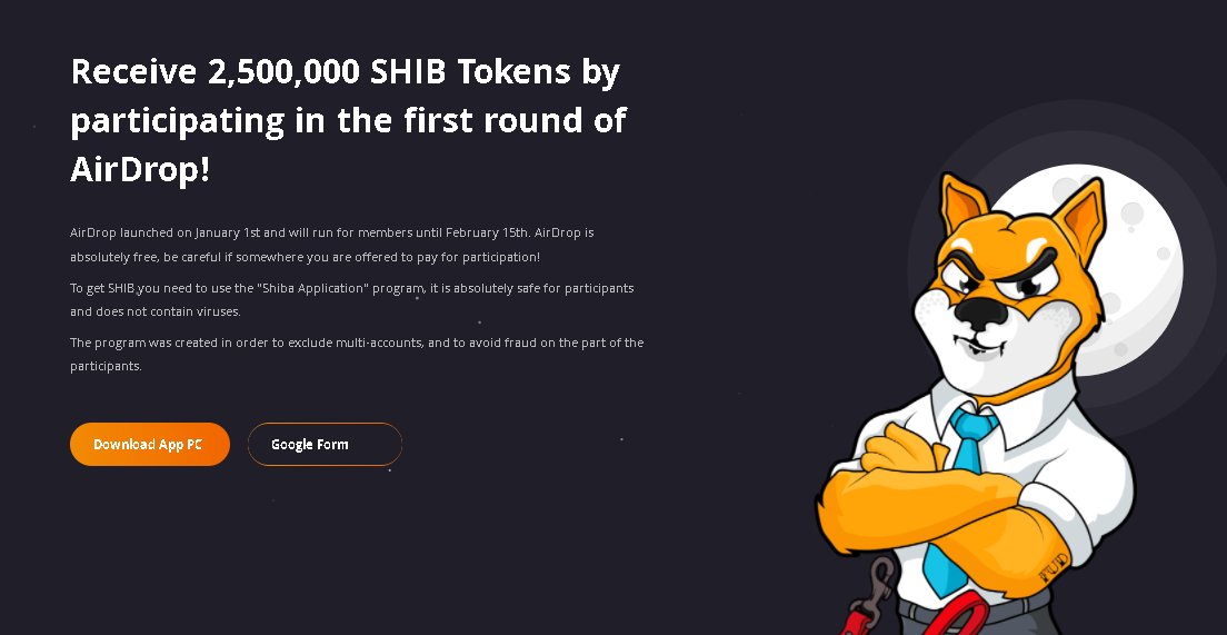 We have seen people receiving emails about SHIBA airdrops (first pic). Be safe and DO NOT OPEN LINKS ABOUT THAT!
If you go to the site, you will find this (second pic)
If you download the "app" you will get a virus!!!

Remember: SHIB airdrops or giveaways are highly suspicious!!!