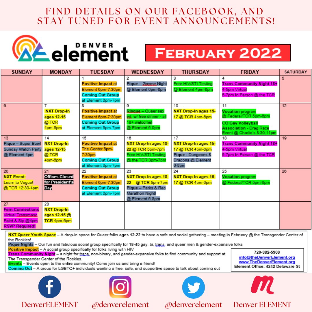 DenverELEMENT's tweet photo. It’s time for our February calendar… check it out! Hope to see you there 🤩 #denverelement #denverlgbt #hivprevention https://t.co/B00Ia7G7xl