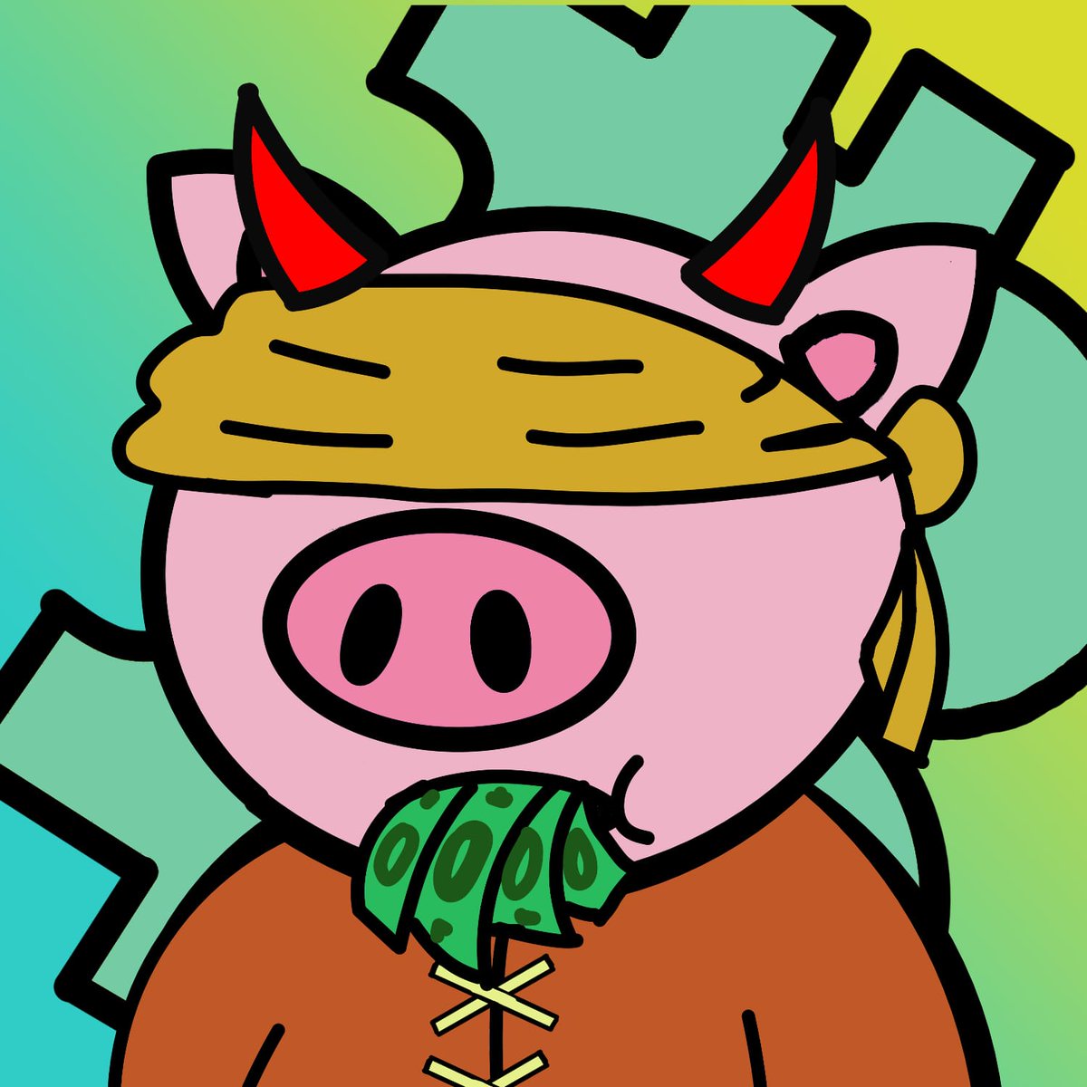 mungojelly's tweet photo. i decided to buy a #BitcoinPig, this one appealed to me! the devil blindfolded w/ his mouth stuffed full of money 😹 👿🤑 https://t.co/T8EuGu61dQ