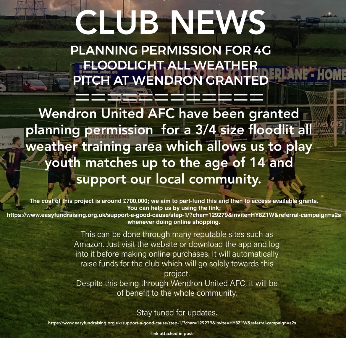 EXCITING NEWS AFOOT AT WENDRON UNITED…
Please take a moment to read below and visit:

easyfundraising.org.uk/support-a-good…
<a href="/swpleague/">WALTER C. PARSON PENINSULA LEAGUE</a>
<a href="/Cornishfootball/">Dave Deacon</a>
<a href="/sportscornwall/">Cornwall Sports Media</a>
<a href="/swsportsnews/">South West Sports News</a>
@packet_tom
<a href="/nonleagueshow/">Non League Show</a>