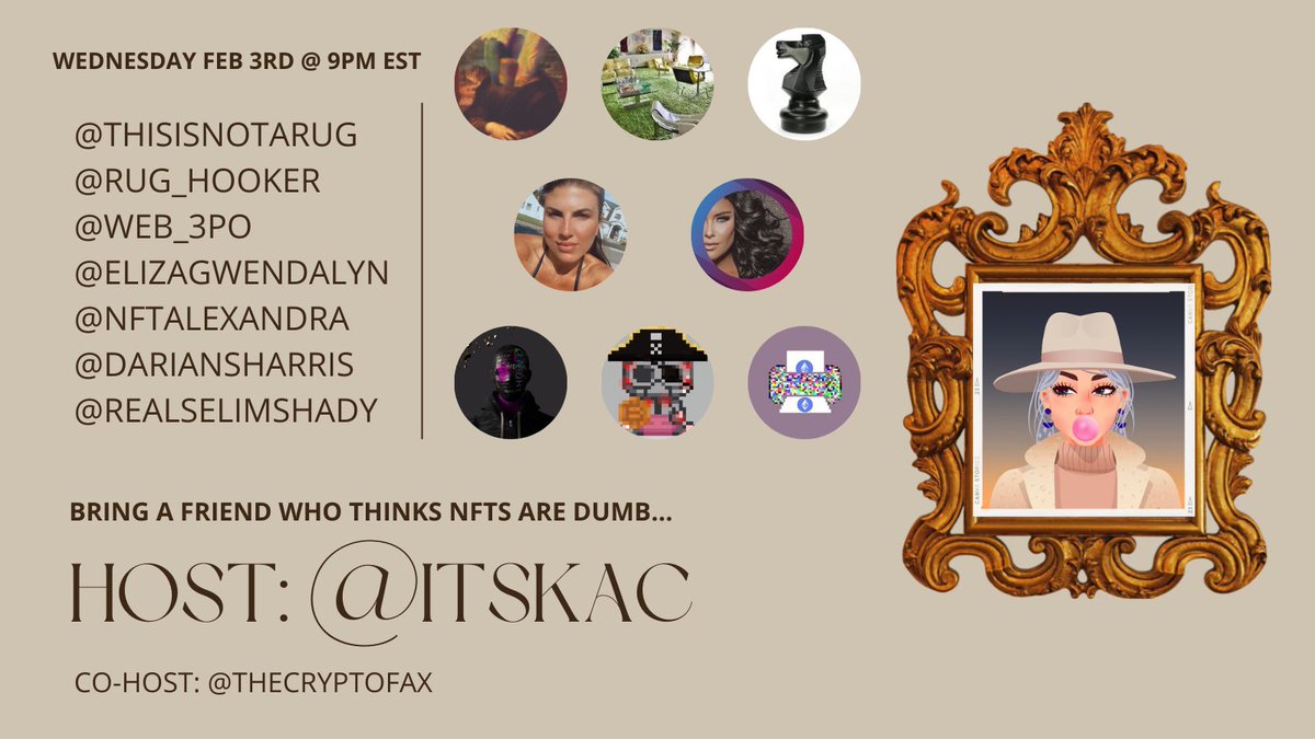 itskac's tweet photo. **** WEDNESDAY ****

Come meet the talented team behind @thisisnotarug!

Do you have a friend who thinks #NFTs are dumb? Bring 'em! https://t.co/c8JTbUZSDT