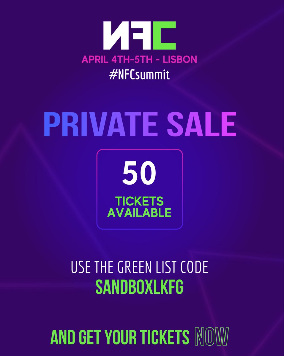 The Sandbox (@thesandboxgame) on Twitter photo We are co-editors of the <a href="/nfcsummit/">NFC SUMMIT - LISBON - JUNE 4-6 2025</a>!
Join us on the 4th & 5th of April in Lisbon...
🔹1,500 attendees
🔹100 speakers
🔹 PFP cosplayers warmly welcome
🔹...a lot of fun!
Private sales code for our followers: SANDBOXLKFG
BE QUICK, ONLY 50 AVAILABLE
👉 nonfungibleconference.com We are co-editors of the <a href="/nfcsummit/">NFC SUMMIT - LISBON - JUNE 4-6 2025</a>!
Join us on the 4th & 5th of April in Lisbon...
🔹1,500 attendees
🔹100 speakers
🔹 PFP cosplayers warmly welcome
🔹...a lot of fun!
Private sales code for our followers: SANDBOXLKFG
BE QUICK, ONLY 50 AVAILABLE
👉 nonfungibleconference.com