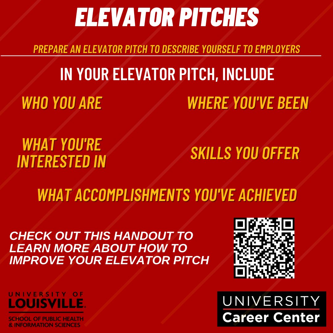 Prepare an "elevator pitch" to describe yourself and your goals to employers for the 2022 Spring Public Health Career and Practice Fair - In-Person and Virtual.  

Check out this handout: louisville.edu/career/images/…

#UCC #PublicHealth #CardsGetHired #YouveGotThis