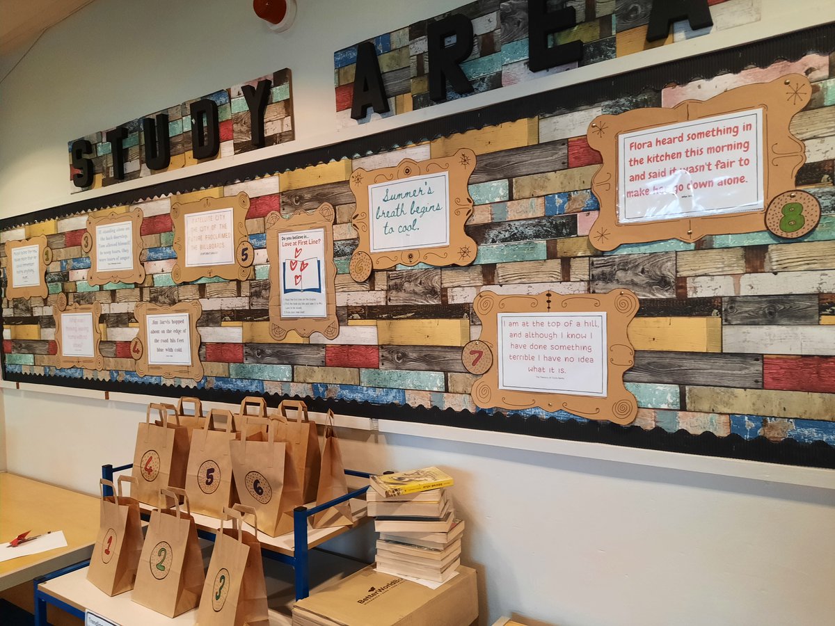 LibraryLane1978's tweet photo. Really pleased with my new February display in the library. 
It is called "Do You Believe in Love At First Line" (sorry/not sorry!) 
The frames have been up-cycled from cardboard and pupils picked the books and typed up the first lines. 
#schoollibrarydisplay https://t.co/fQYXtMyPtP