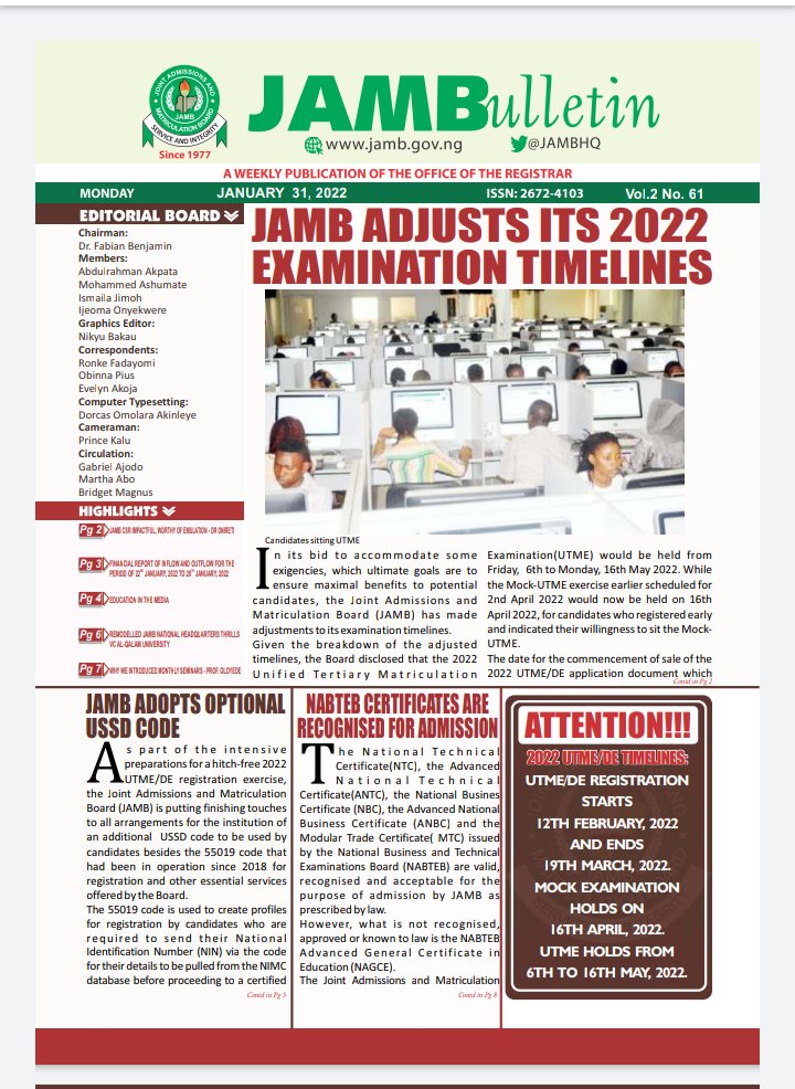 UNILORIN893FM's tweet photo. .@JAMBHQ adjusts its 2022 Examination Timelines

#JAMB
#EnhancingAcademicExcellence https://t.co/aSWtPlu135
